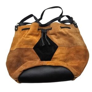 Free People Tovey Suede Bucket Bag Tan Brown Black Boho Patchwork Hippie Casual